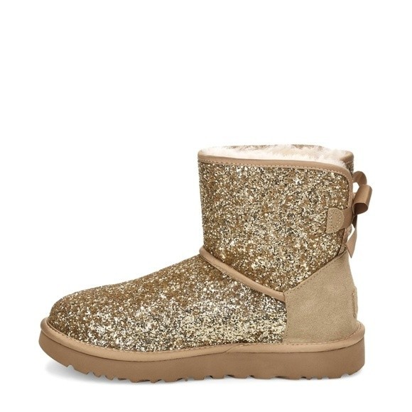 New! UGG Classic Bow Cosmos Gold Glitter Shearling Boots Ankle Boots NWOB Size 6 - Picture 3 of 14